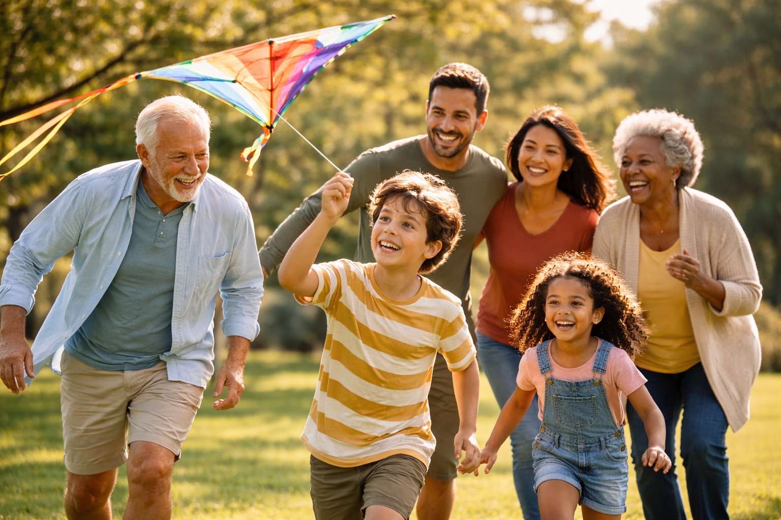 Multi-generational family flying a kite outdoors